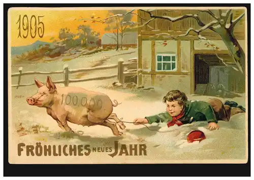 Neujahrs-AK Mit Junge hält für 1905 sein Glücksschwein fest, ungebraucht