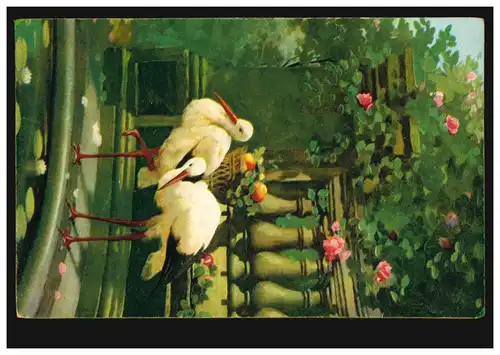 AK Rousseau Artiste: Dans l'attente - Paire de cigognes, Édition Stange, inutilisé