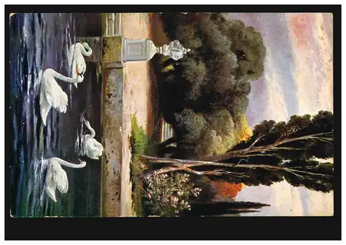AK Artiste Quatre cygnes dans le étang de parc, OBER-WEZICON 9.2.1909