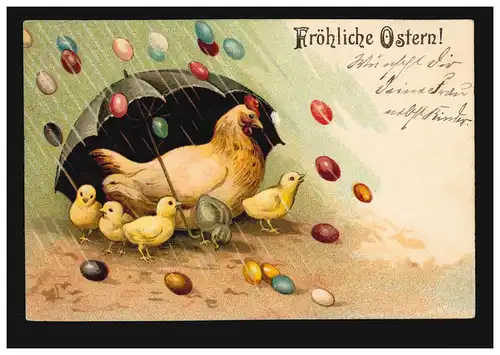 Artiste-AK poule avec des poussins - Il pleut des œufs de Pâques, Feldpost GRÖNINGEN 22.4.1916