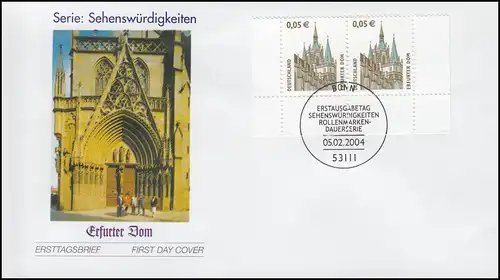 2381 SWK 0,05 Euro Erfurter Dom als UR-Paar mit PLF I auf FDC ESSt Bonn