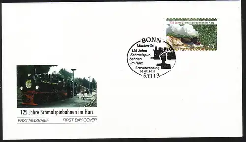2916 Harzer Schmalspurbahn selbstklebend aus FB 20, FDC EV-O Bonn