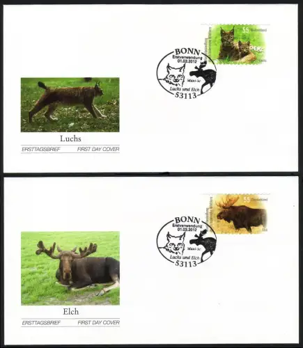 2921-2922 Luchs / Elch selbstklebend aus FB 21, Satz auf 2 FDC EV-O Bonn