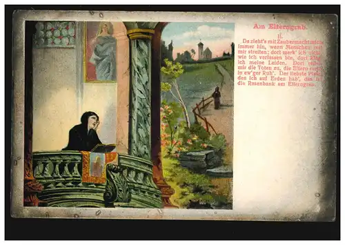 AK Artiste Sur la tombe des parents avec poème, maison d'édition Fritz Schardt Nuremberg inutilisé