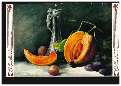 Künstler-AK Mary Golay: Stillleben Kürbis Pflaumen Karaffe, BERLIN 29.1.1906