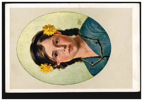 AK Kobel: portrait de fille avec des fleurs jaunes dans les cheveux, non utilisé