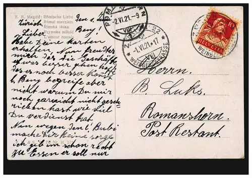 Künstler-AK E.B. Magdic: Römische Liebe, ZÜRICH 1.6.1921 nach ROMANSHORN 2.6.21