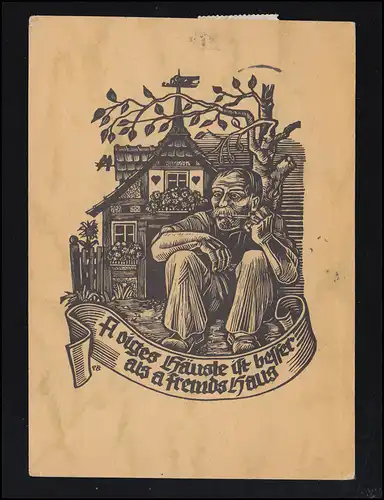 Carte d'artiste de grain Coupe de bois par Paul Beuttner: La Maison, Kempten 1944