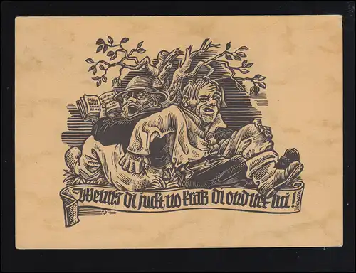 Carte d'artiste de grain Coupe de bois de Paul Beuttner: Quand il démange ..., 1944