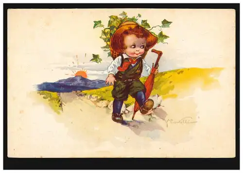 Künstler-AK Kind mit Schirm und Efeu auf Wanderschaft, RHEINFELDEN 6.4.1921