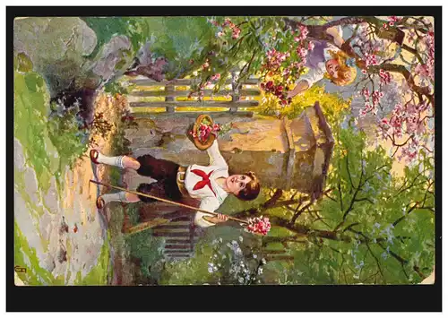 Künstler-AK Jos. Frank: Mädchen und Junge bei der Rosenernte, gelaufen um 1914