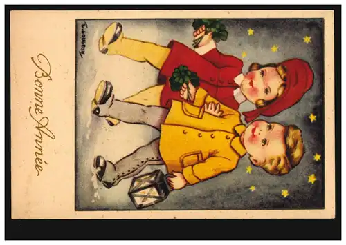 Belgique Nouvelle année AK fille et garçon avec trèfle chanceuse et lanterne, inutilisé