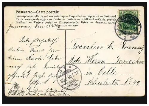 Fille AK Artiste avec brouette, HANNOVER 21.7.1906 selon CELLE 21.07.06