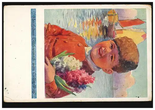 Niederlande Künstler-AK Junge in Tracht mit Mütze und Blumen, s'GRAVENHAGE 1931