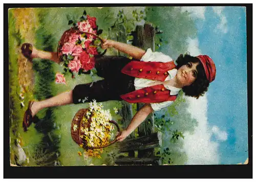 Künstler-AK Schenider: Der Blumengruss - Junge mit Blumenkörben, BALSTHAL 1921