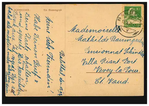 Künstler-AK Schenider: Der Blumengruss - Junge mit Blumenkörben, BALSTHAL 1921