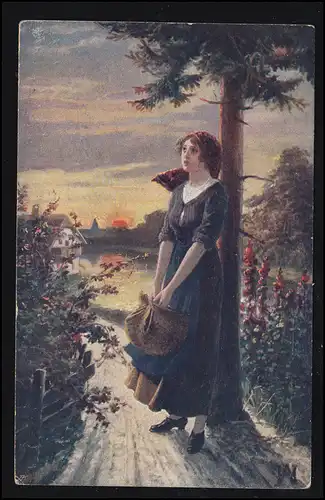 Künstler-AK Verlassen - Frau bei Sonnenuntergang, WIENER NEUSTADT 2 - 3.1.1917