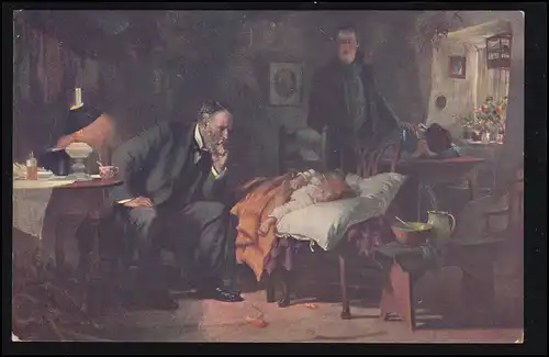 Artiste-AK Fildes: Le médecin - enfant dans le lit d'hôpital, Verlg M.J.S., non utilisé