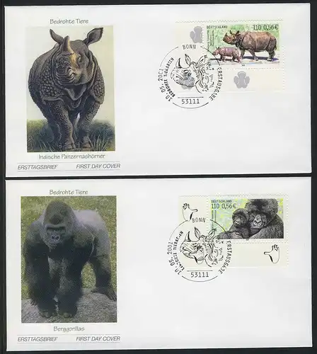 2182-2183 Gorilla / Nashorn Tiere naßklebend, FDC Bonn