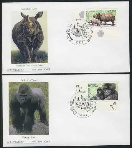 2182-2183 Gorilla / Nashorn Tiere nassklebend, FDC Bonn