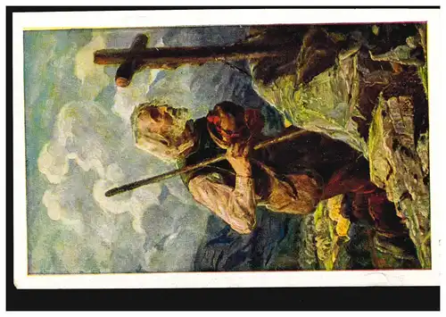 AK Déchirure Artiste: Sur la croix météo - Le randonneur priant devant la Croix, inutilisé