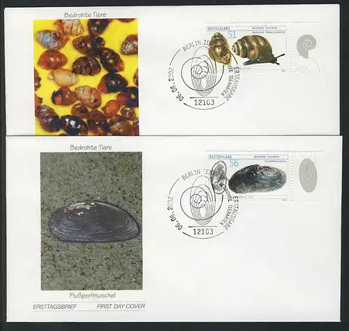 2265-2266 Bedrohte Tiere Windelschnecke Flußperlmuschel 2002 auf 2 FDC Berlin