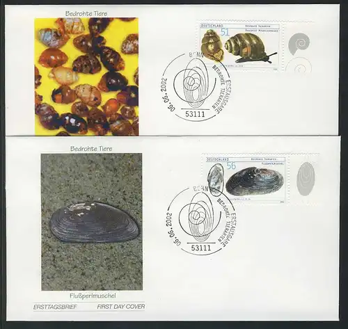 2265-2266 Bedrohte Tiere Windelschnecke Flußperlmuschel 2002 auf 2 FDC Bonn