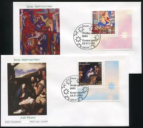 2226 Weihnachten 100+50 Pf / 0,51+0,26 Euro 2001 auf 2 FDC Bonn