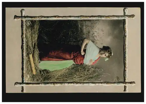 Mode-AK Bäuerin auf dem Feld beim Rechen macht Pause, BISCHOFSZELL 3.9.1909