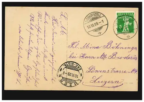 Mode-AK Bäuerin bei der Feldarbeit, BISCHOFSZELL 10.6.1909 nach LUZERN 10.6.09