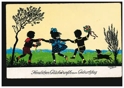 Scherenschnitt-AK Friedrich Kasteline: Tanzende Kinder mit Hund, beschriftet