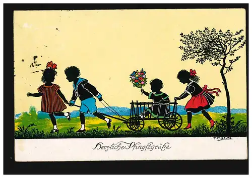 Scherenschnitt-AK Friedrich Kasteline: Pfingsten - Kinder mit Wagen, BERLIN 1925