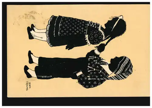 Scherenschnitt-AK Alwin Freund: Haare ziehen, Feldpost ESSEN 21.1.1918