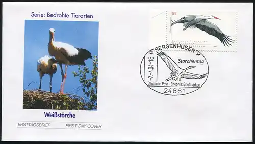 2393 Espèces menacées Taureau blanc FDC Chauve de montagne Jour de la cigogne 7.4.2004