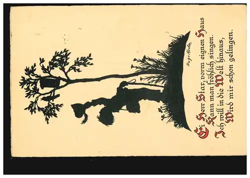 Scherenschnitt-AK Hogo Kocher: Der Wanderer und singender Star, HALLE/SAALE 1932