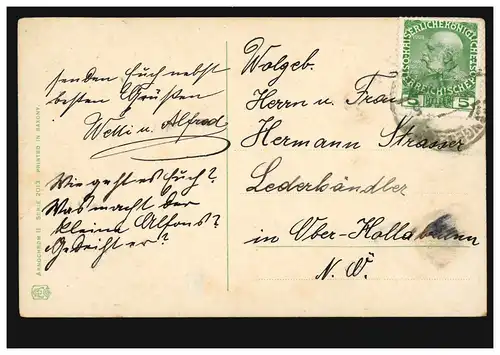 Mode AK femme en robe rose avec le trèfle chanceux, édition Arnochrom, couru vers 1910