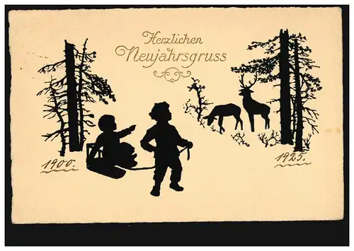 Scherenschnitt-AK Neujahr Kinder mit Schlitten Reh und Hirsch HAMBORN 30.12.1924