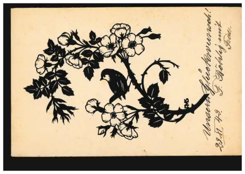 AK A.M. Sort: Oiseau sur le rameau de fleurs, AUGBURG 1943