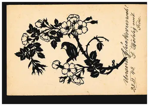 Scherenschnitt-AK A.M. Schwindt: Vogel auf Blütenzweig, AUGSBURG 1943