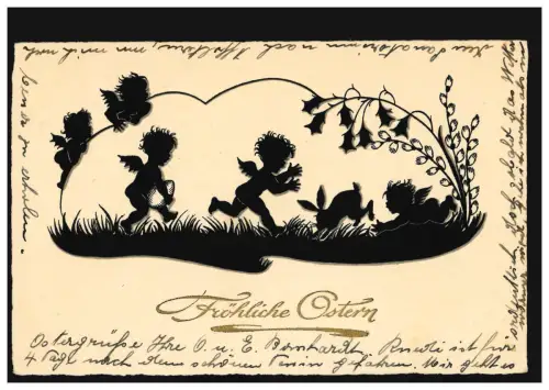 Ciseaux AK Pâques Angel attraper le lapin de PÂques, oeufs de pâque, BASEL 1931
