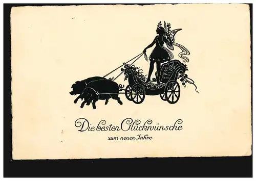 Ciseaux-AK Nouvel An Elfe avec attelage de porc, Pittius, KÖLN-DEUTZ 1925