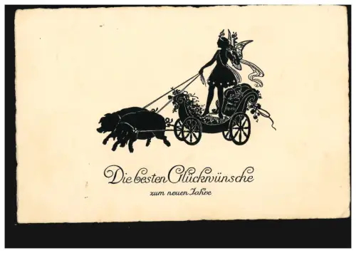 Scherenschnitt-AK Neujahr Elfe mit Schweinegespann, Pittius, KÖLN-DEUTZ 1925