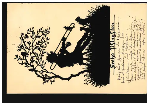 Scherenschnitt-AK Hogo Kocher: Pfingsten Posaunenspieler, per Bahnpost um 1935