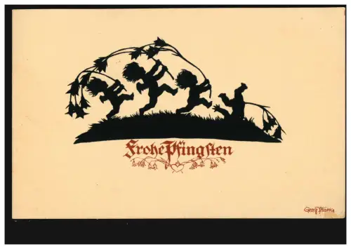 Carte de ciseaux Georg Plischke: Ange Pentecôte avec fleurs, KIEL 13.5.32