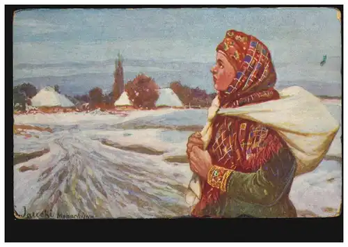 AK artiste paysanne foulard hiver, édition A. Rippera Cracovie 1907, inutilisé