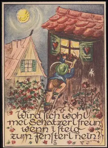 Karikatur-AK Leonore Siebert: Brautwerben - Fensterln in der Nacht, ungebraucht