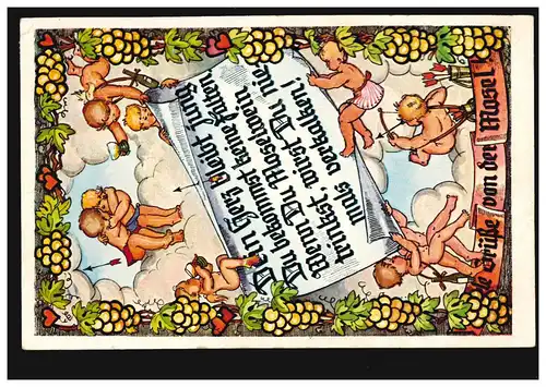 Künstler-AK Grüße von der Mosel Moselwein Engel Amor, SSt MÜLHEIM 29.5.1953 