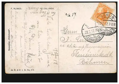 Artiste-AK F. Klimes: Feldflumen, BERLIN-LICHTENBERG 29.7.1917