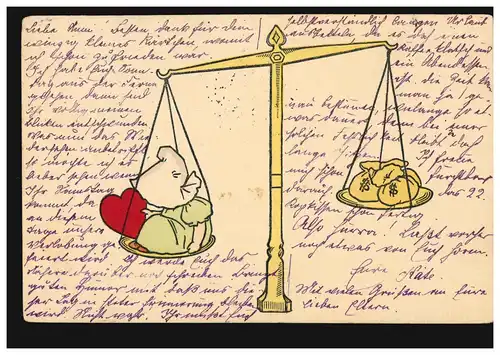 Caricature AK La balance ou peser: Cher coeur enfant ou argent, MUNICH 1.8.1905