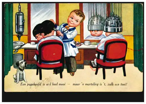 Niederlande Karikatur-AK Beim Friseur, Trockenhaube, beschriftet
